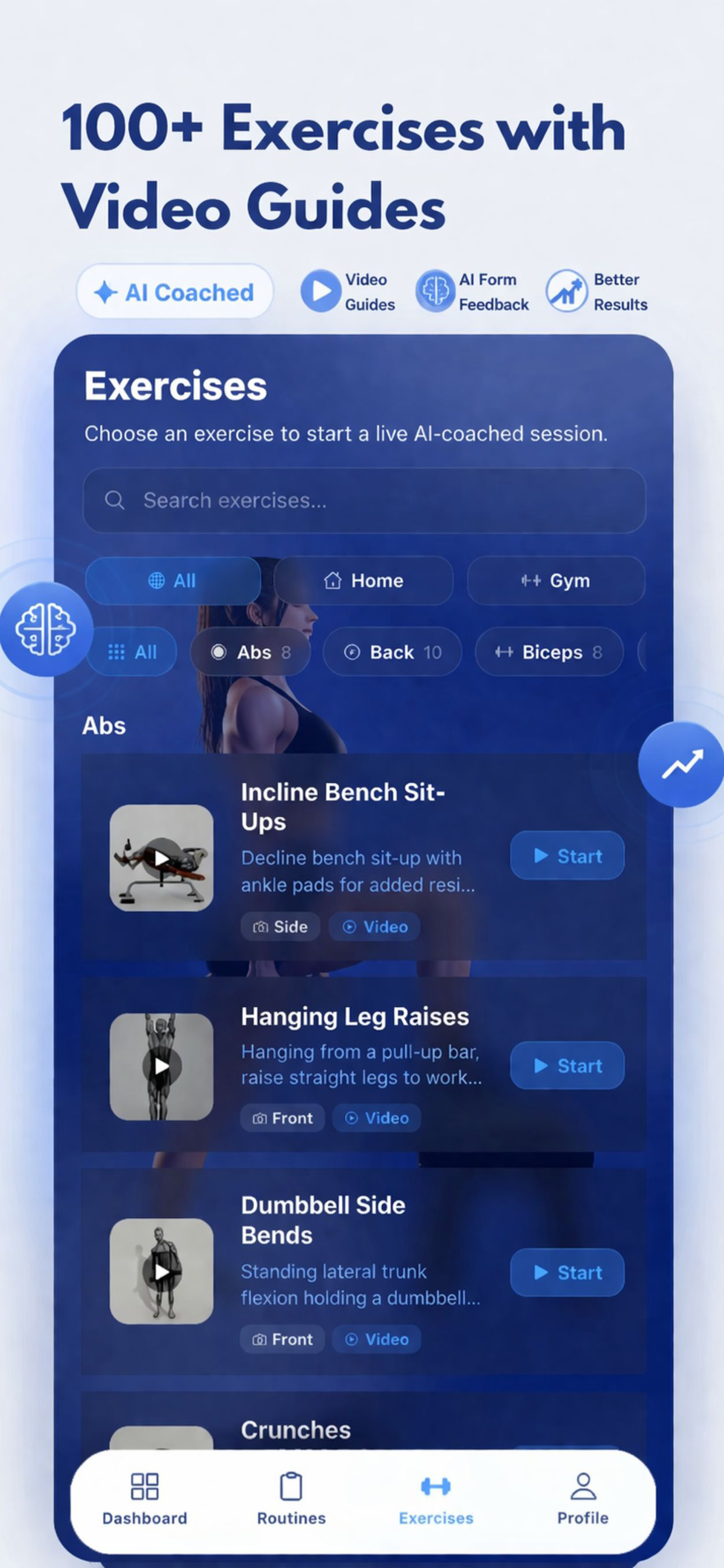 PozeFit exercise library with 100+ exercises and video guides