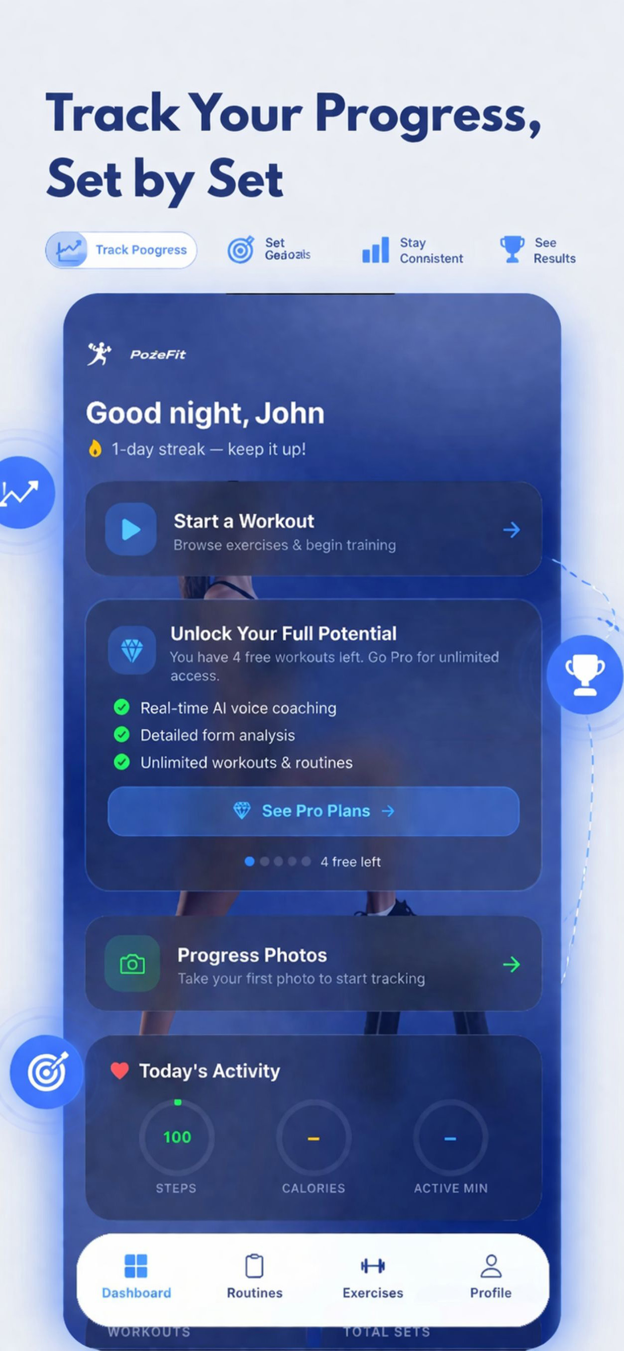 PozeFit dashboard with progress tracking and daily activity